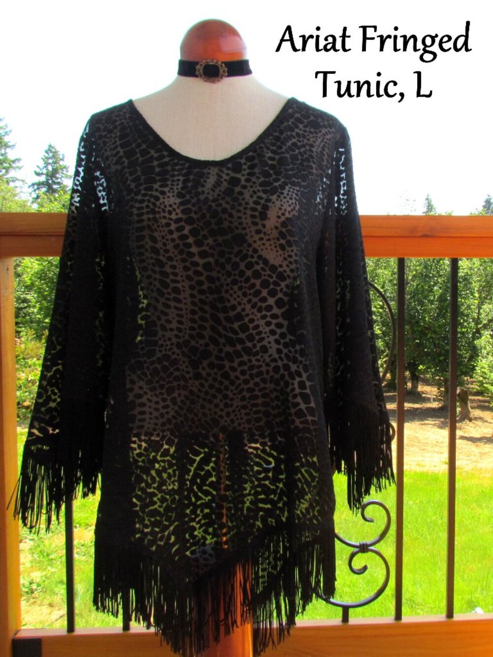 BLACK ARIAT TOP w LONG FRINGE, SEMI-SHEER, COUNTRY WESTERN COWGIRL, NWOT